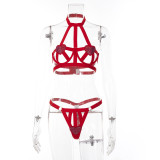 Erotic Rhinestone Heart Trim Halter Hollow Out Sexy Lingerie Set