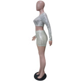 Sexy Sequin Long SLeeve Crop Top  + Shorts Bodycon 2PCS Set
