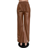 Solid Wide Leg Pu Leather Pants with Pockets