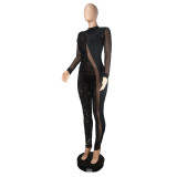 Sequin See Through Mesh Patchwork Sexy Tight Jumpsuit