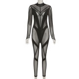 Sexy Black Mesh See-Through Patchwork Slim Long Sleeve Jumpsuit