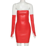 Fashion PU Leather Strapless Sexy Nightclub Bodycon Dress with Gloves