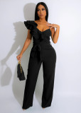 Solid Sexy Ruffle One Shoulder Asymmetric Deep V Loose Jumpsuit