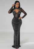 Rhinestone Mesh See-Through Cut Out Long Sleeve Evening Dress