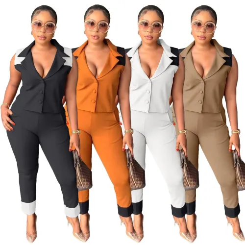 Casual Career Sleeveless Blazer and Pants Contrast Two-Piece Set