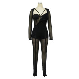 Sexy See-Through Mesh Patchwork Long Sleeve Tight Jumpsuit