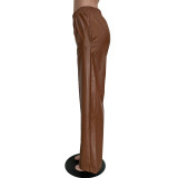 Solid Wide Leg Pu Leather Pants with Pockets