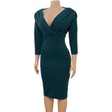 Solid V Neck 3/4 Sleeve Ruched Bodycon Sexy Dress