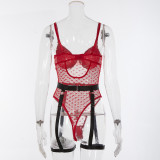Red Heart Jacquard Lace See-Through Chain Sexy Teddies Lingerie