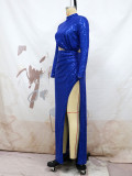Blue Sequin Cutout Open Back Slit Long Sleeve Mock Neck Evening Dress