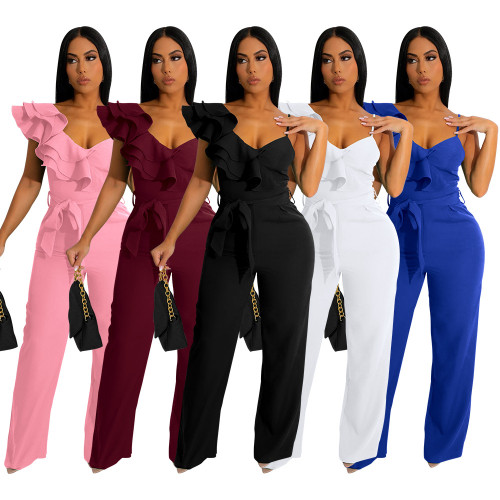 Solid Sexy Ruffle One Shoulder Asymmetric Deep V Loose Jumpsuit