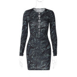 Print Long Sleeve Hollow Tight Bodycon Dress