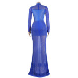 Rhinestone Mesh See-Through Cut Out Long Sleeve Evening Dress