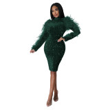 Trendy Long Sleeve Open Back Feather Sequin Bodycon Dress