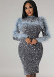 Trendy Long Sleeve Open Back Feather Sequin Bodycon Dress