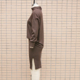 Solid Ribbed Casual Bat Sleeves Turtle Neck Top + Slit Skirt Two Piece Set