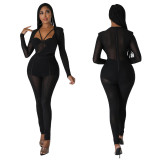 Sexy See-Through Mesh Patchwork Long Sleeve Tight Jumpsuit