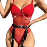 Red Heart Jacquard Lace See-Through Chain Sexy Teddies Lingerie