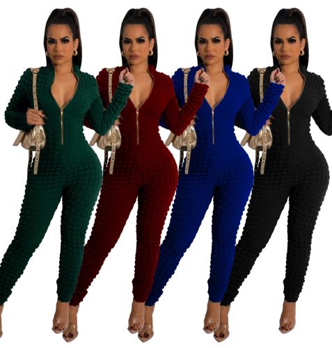 Solid Zip Up Long Sleeve Trendy Jumpsuit