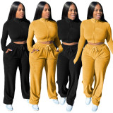 Winter Velvet Sports Zipped Crop Jackets and Loose Pants Two-Piece Set