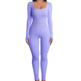 Sexy Ribbed Square Neck Long Sleeve Slim Jumpsuit