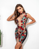 Sexy Floral Sequins See Through High Neck Club Dress