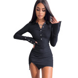 Solid Ribbed Button Slit Long Sleeve Turn Down Collar Dress