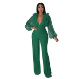 Mesh Patchwork Lantern Sleeve Deep-V Ruffles Sexy Jumpsuit