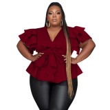 Plus Size Sexy V-Neck Ruffle Sleeves Ruched Blouse