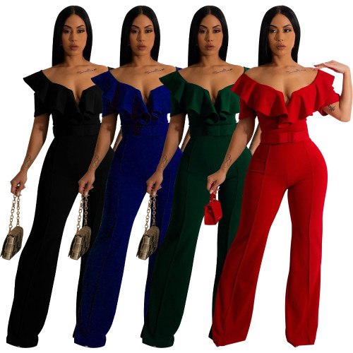 Sexy Solid Ruffled Belted Jumpsuit for women
