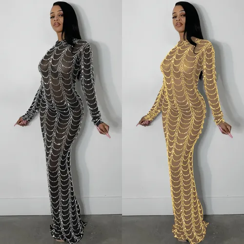 Sexy Rhinestone See Through Long Sleeve Maxi Club Dress