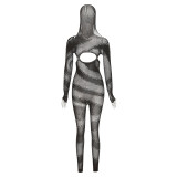 Sexy Hollow Out See Through Long Sleeve Hooded Tight Knitting Jumpsuit