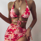 Sexy Print Lace-Up 3pcs Swimwear