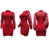 Solid Knitted Long Sleeve Hollow Out Slim Sweater Dress