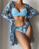 Sexy Print Contrast Bikini Swimwear with Matching Cover Up Three Piece Swimwear