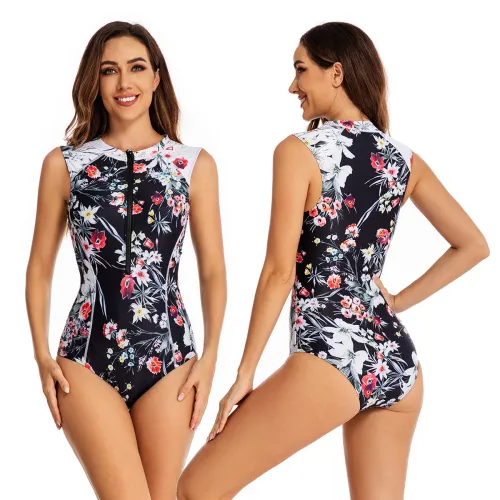 Floral Splcing One Piece Swimsuit Surfing Sleeveless Rash Guards