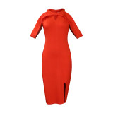 Solid Fashion Front Slit Bodycon Dress