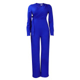 Solid Long Sleeve Ruched Wide Leg Jumpsuit