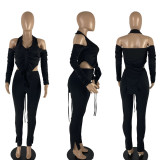 Solid Halter Low Back Long Sleeve Zipper Irregular Top and Pants Two Pieces