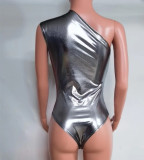 One Shoulder Metallic Bodysuit + Plush Skirt 2PCS Set