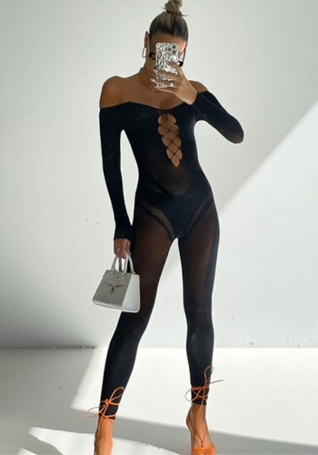 Sexy See-Through Mesh Off Shoulder Hollow Out Tight Jumpsuit