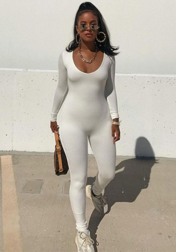 Sexy Scoop Neck Long Sleeve Solid Tight Sports Jumpsuit