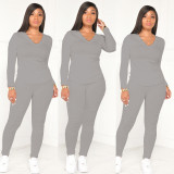 Casual V-Neck Long Sleeve Top and Pants Solid Two-Piece Set