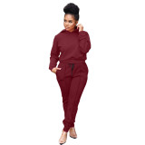 Solid Casual Sports Hooded Two Piece Set