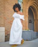 White Shirred Balloon Sleeve Asymmetric Long Dress