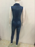 Blue Denim Sleeveless Button Slim Fit Jumpsuit