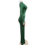 Fashion Feather Trim Rhinestone V-Neck Long Sleeve Ladies Jumpsuit
