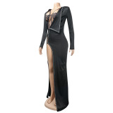 Sexy Rhinestone Lace Bodysuit + Long Sleeve Irregular Dress 2PCS Clubwear