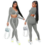 Trendy Zipper Long Sleeve Crop Top and Pants Sports 2PCS Set
