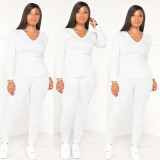 Casual V-Neck Long Sleeve Top and Pants Solid Two-Piece Set